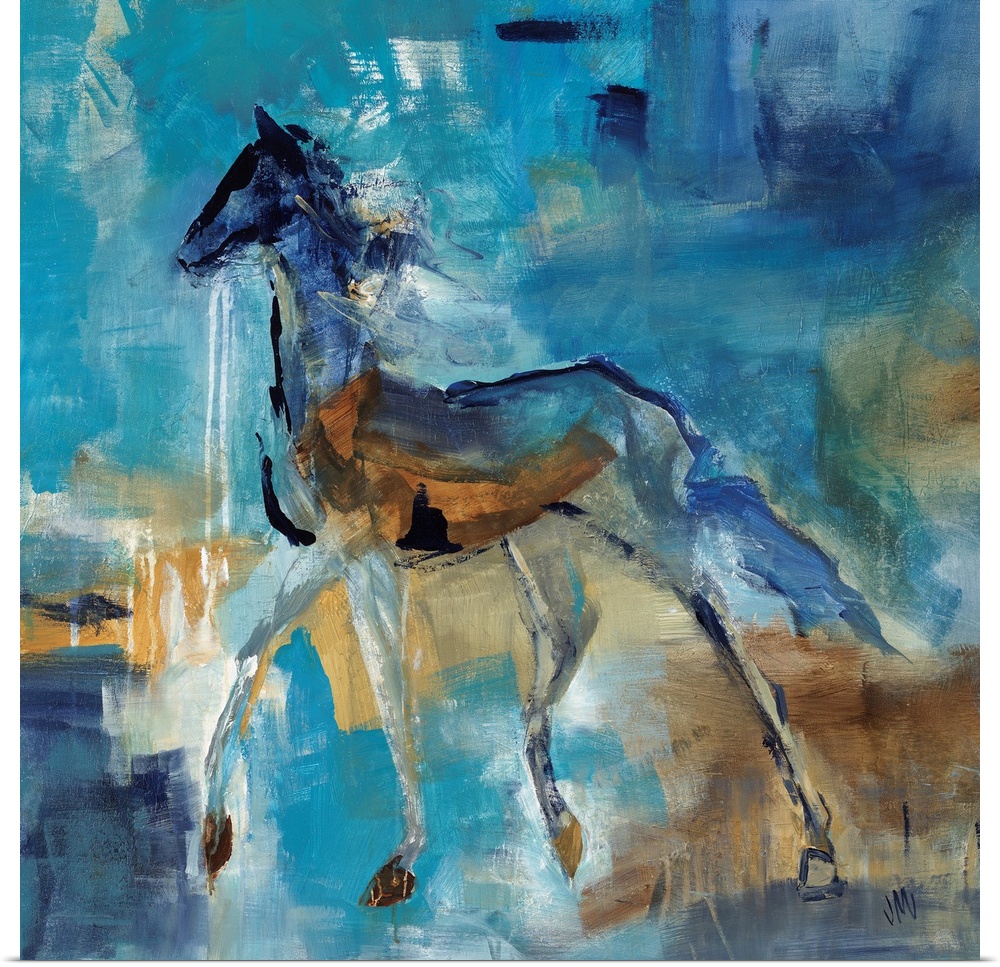 Abstract portrait of a horse in various shades of blue and brown.