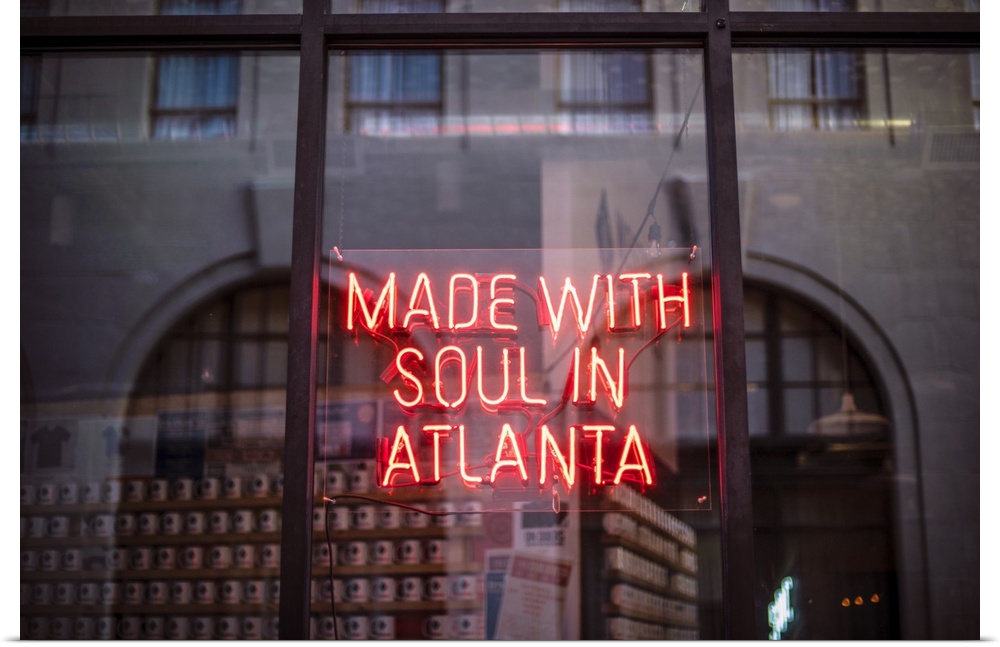 Made With Soul In Atlanta, a yellow neon sign in the window of Switchyards Downtown Club in Atlanta, Georgia.