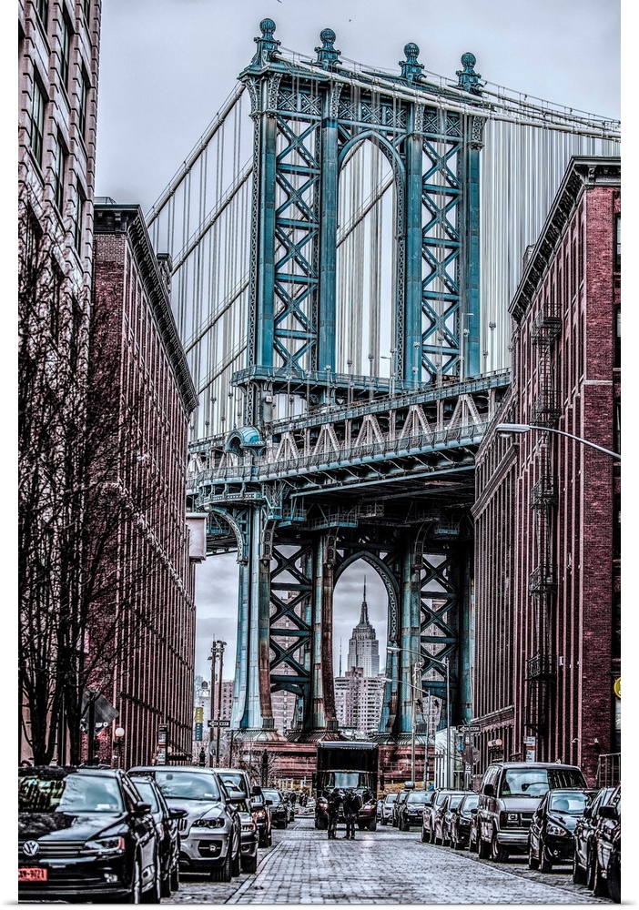 View of Manhattan Bridge from Washington Street in New York City.