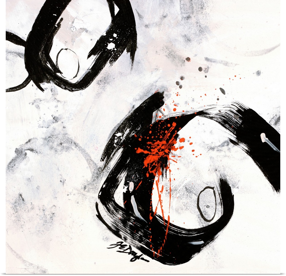 Contemporary abstract painting of two boldly colored circles surrounded by paint smudges and covered in paint splatter.
