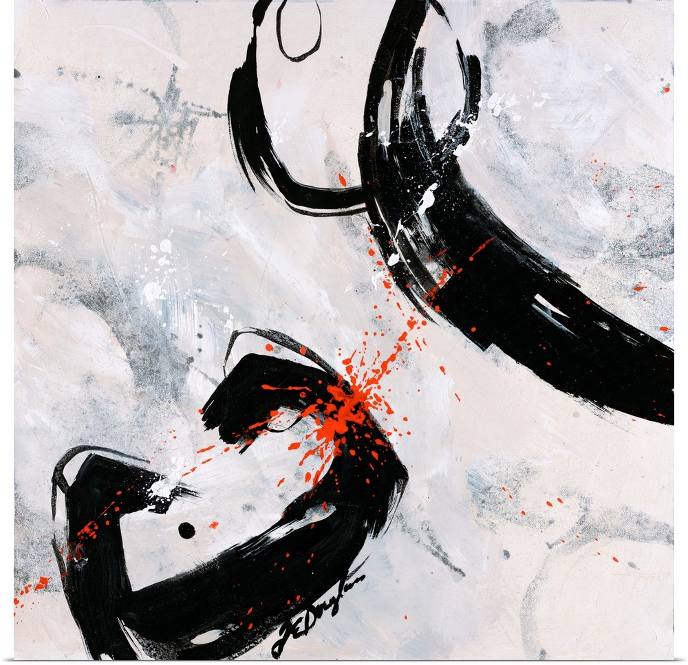 A fierce abstract contemporary painting with bold, dark strokes moving purposefully over the neutral background.