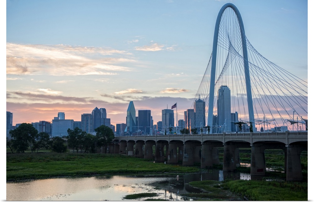 The Margaret Hunt Hill Bridge spans the Trinity River in Dallas, Texas.