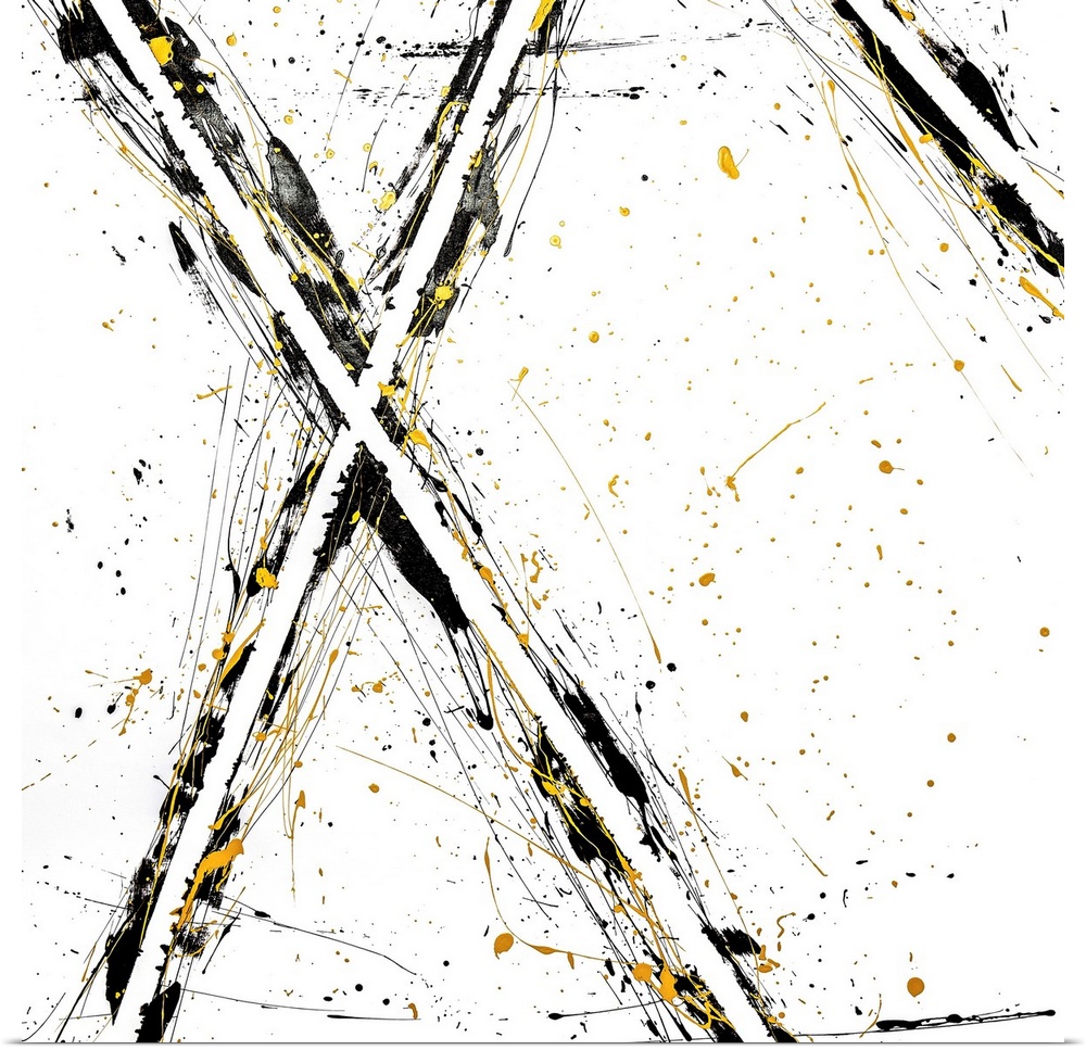 Abstract contemporary art forming an 'x' shape with black and yellow streaks.