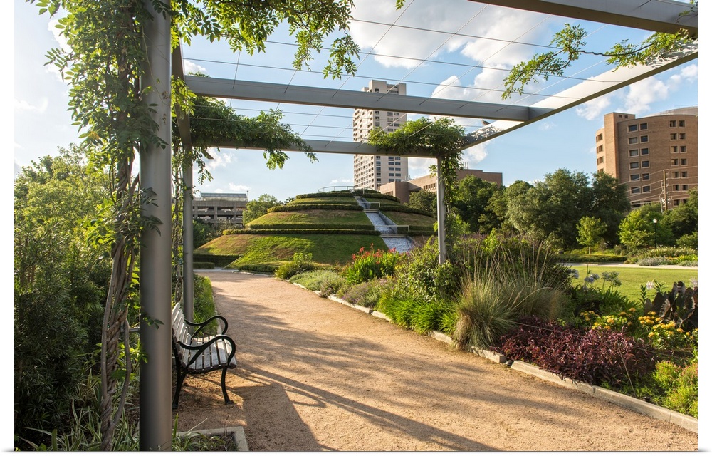 Dirt path lined with beautiful plants and flowers under a pergola in McGovern Centennial Gardens at Hermann Park in Housto...