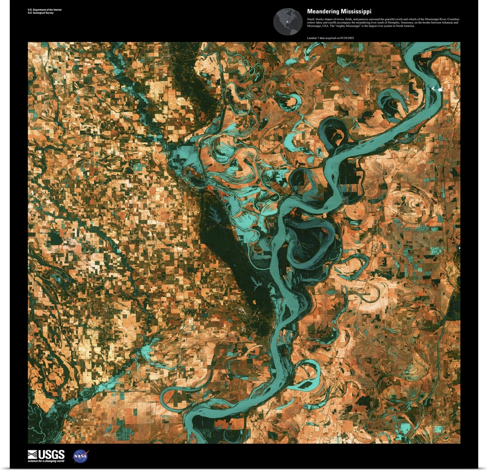 Small, blocky shapes of towns, fields, and pastures surround the graceful swirls and whorls of the Mississippi River. Coun...