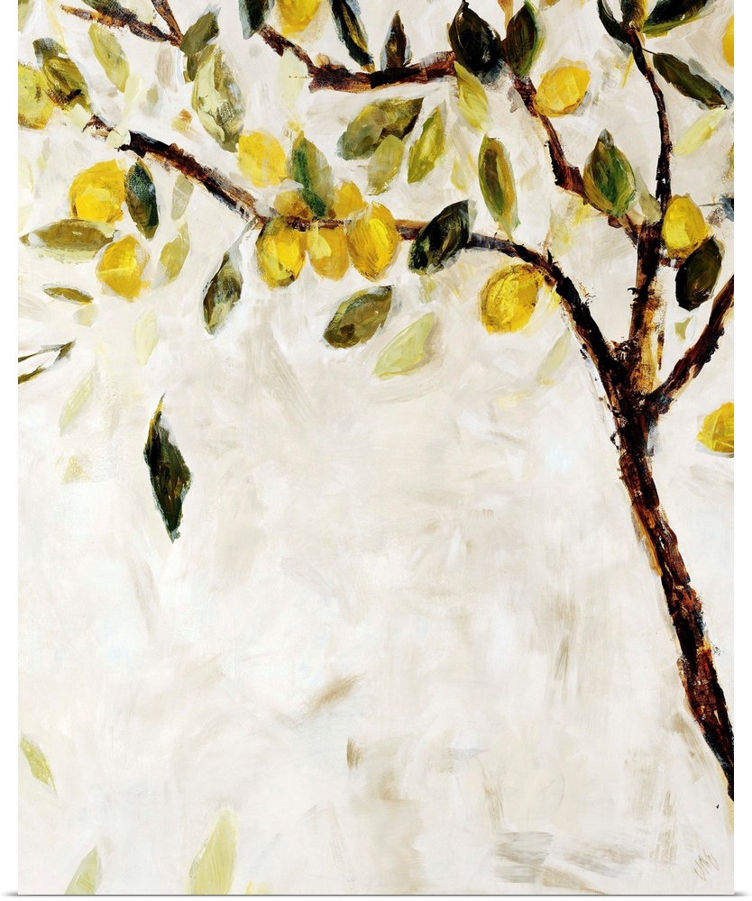 Contemporary painting of a Meyer lemon tree over a neutral background.