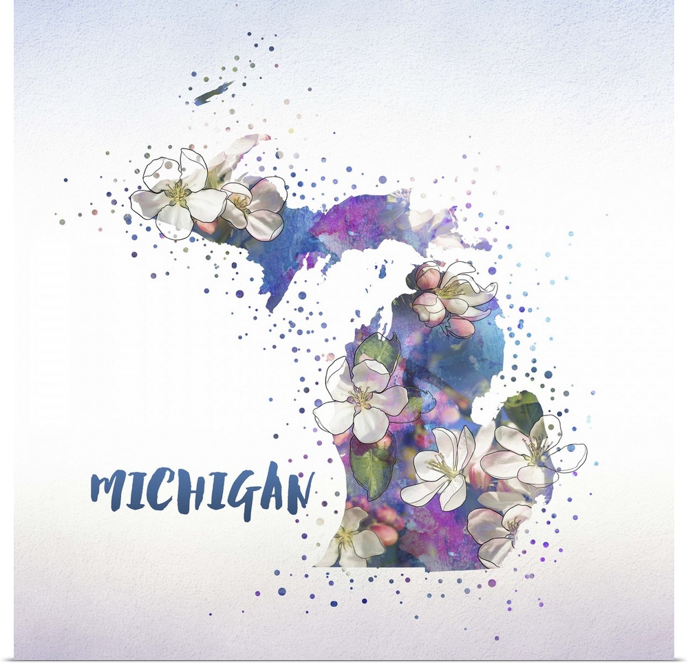 Outline of the state of Michigan filled with its state flower, the Apple Blossom.