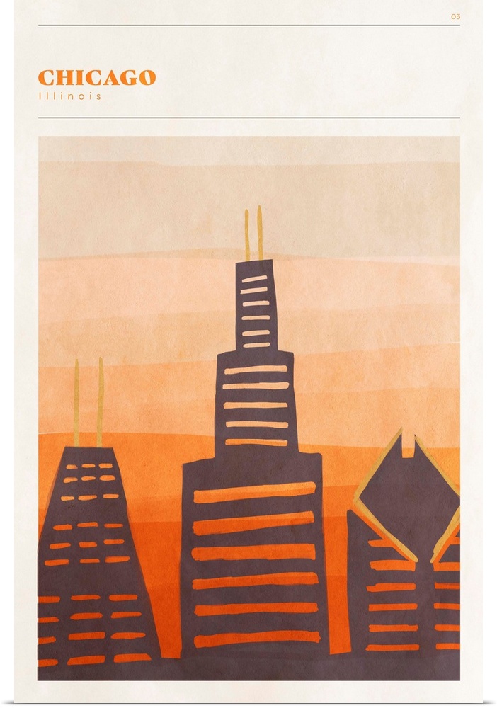 Vertical modern illustration of the Chicago skyline in orange shades.