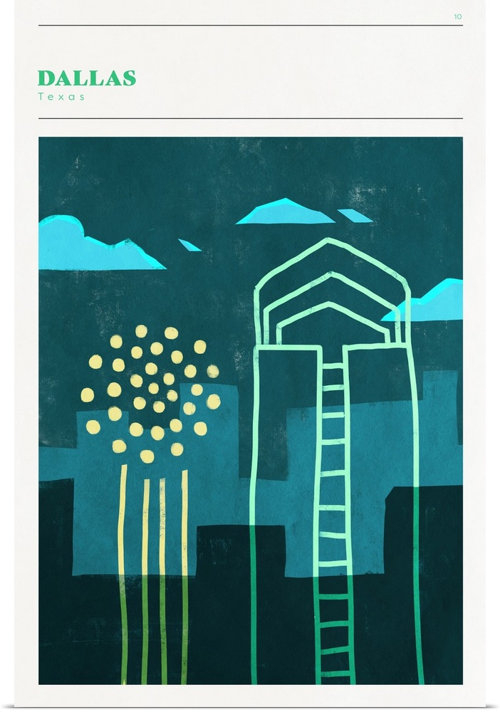 Vertical modern illustration of the the city skyline of Dallas, Texas in shades of blue and green.