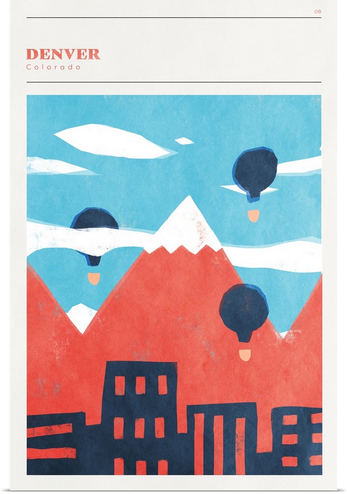 Vertical modern illustration of the city of Denver with the Rocky Mountains and hot air balloons behind it.