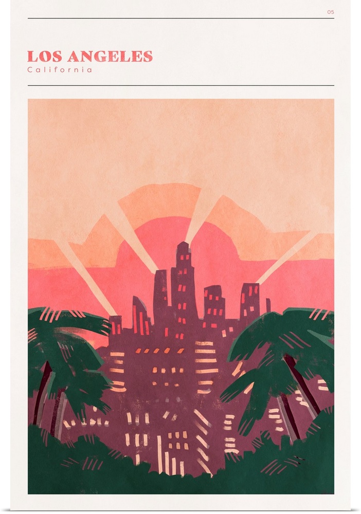Vertical modern illustration of the city skyline of Los Angeles, CA.