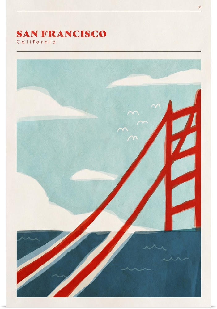 Vertical modern illustration of the Golden Gate Bridge.
