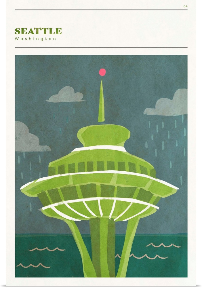 Vertical modern illustration of the Space Needle in Seattle, WA in shades of green.