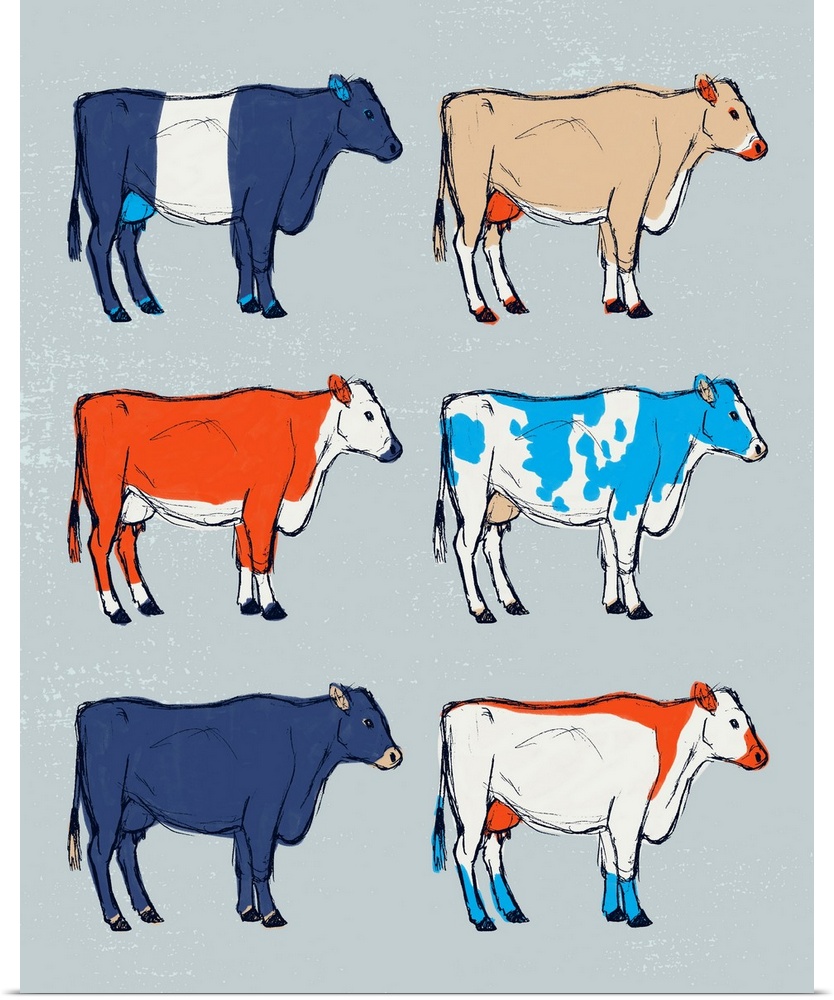 A modern illustration of multi-colored cows on a grey backdrop.