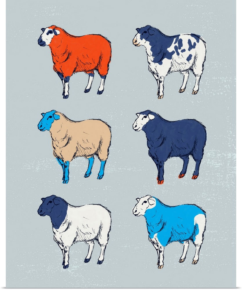 A modern illustration of multi-colored sheep on a grey backdrop.