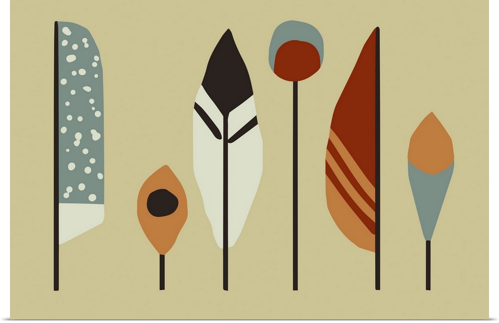 Horizontal illustration of a row of feathers in a modern style on a brown backdrop.