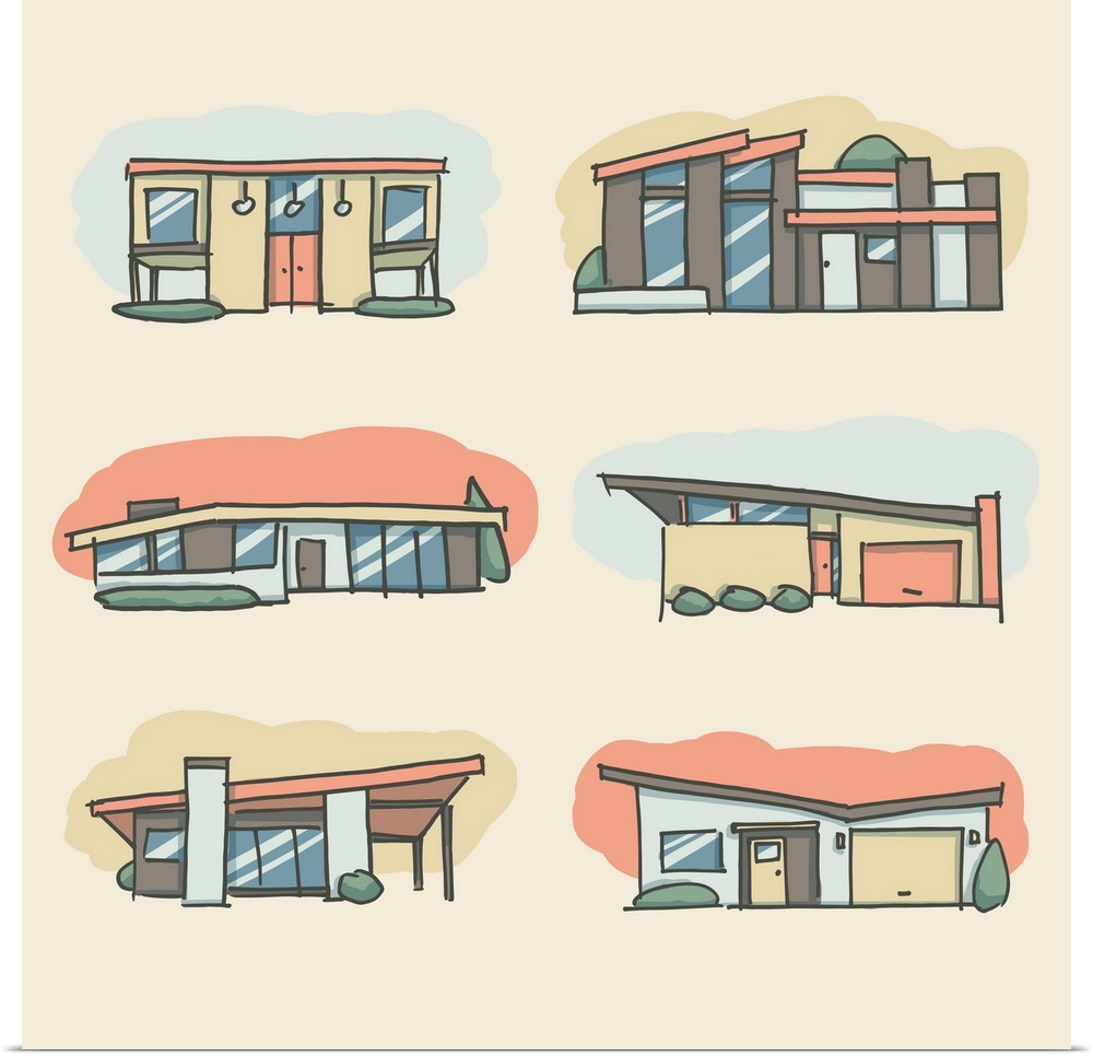 Illustration of a group of houses in a retro style.