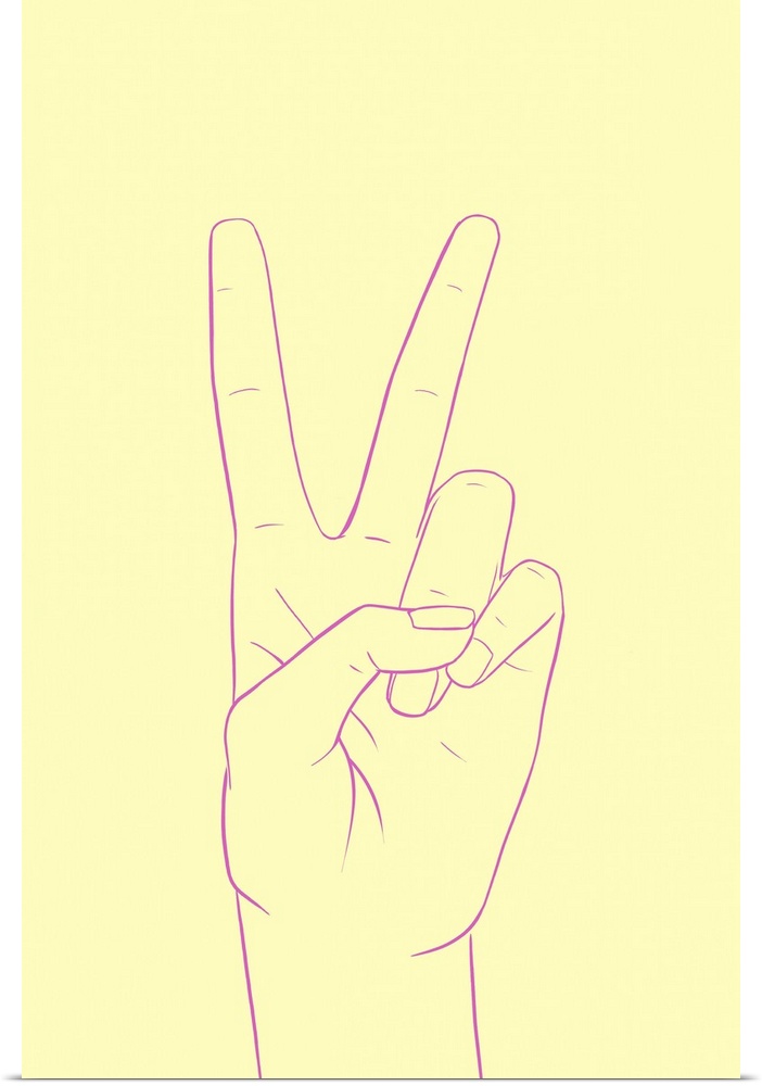 Vertical illustration of a hand outlined in purple, making a peace sign, on a yellow backdrop.