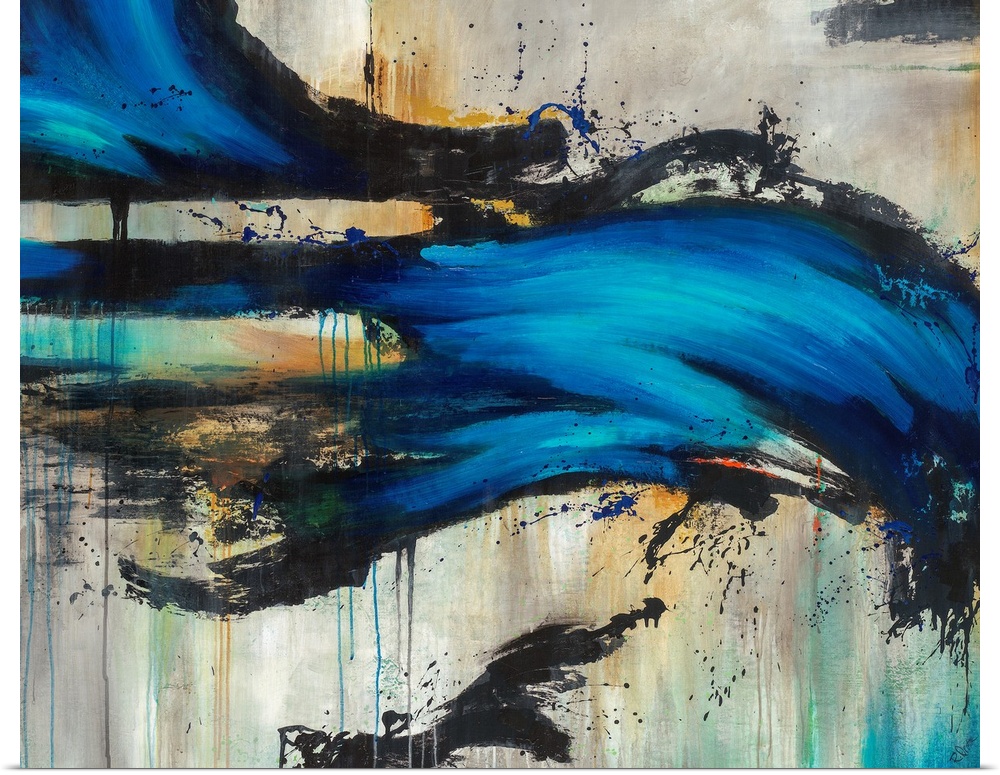 Contemporary artwork of a bright blue wave-like form overtop a neutral background with black splatters.