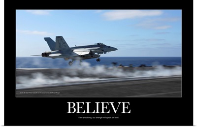 Military Motivational Poster: An F/A-18E Super Hornet catapults from an aircraft carrier