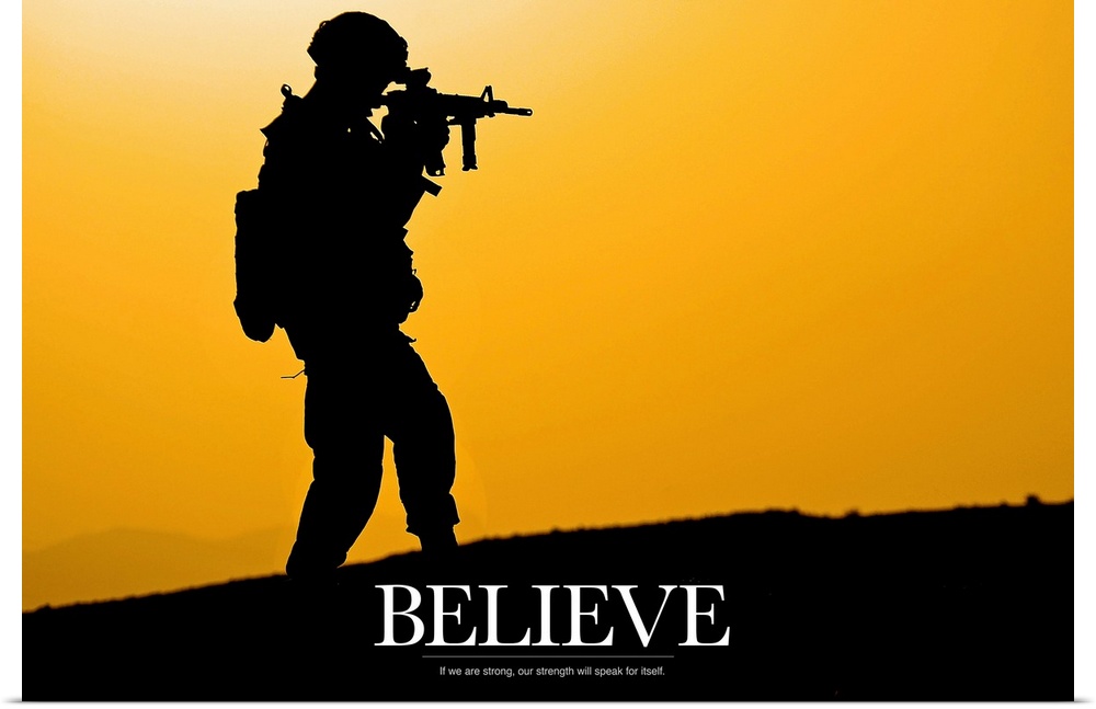 This piece shows a silhouette of a solider holding his gun with the word "Believe" written below him.