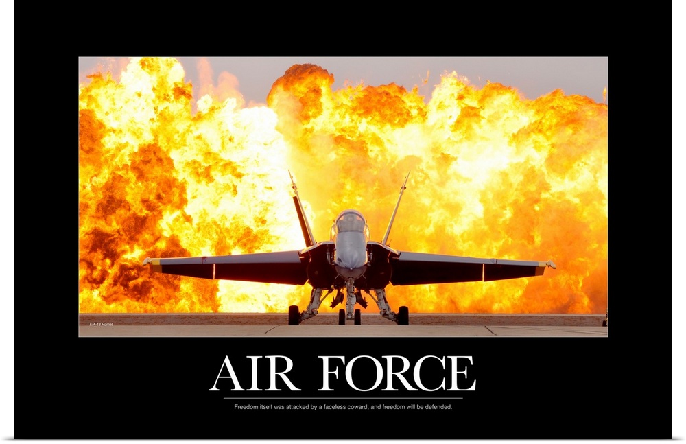 Military Poster: An F/A-18 Hornet sits on the flight line with a wall of fire behind it