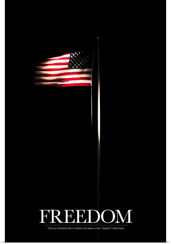 Vertical photo on canvas of an American flag shining through the dark background with text at the bottom.
