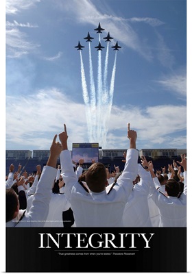 Military Poster: Members of the U.S. Naval Academy cheer as the Blue Angels perform