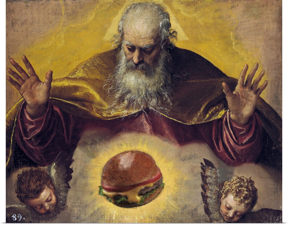 A Modern version of The Eternal Father by Veronese, with a hamburger.