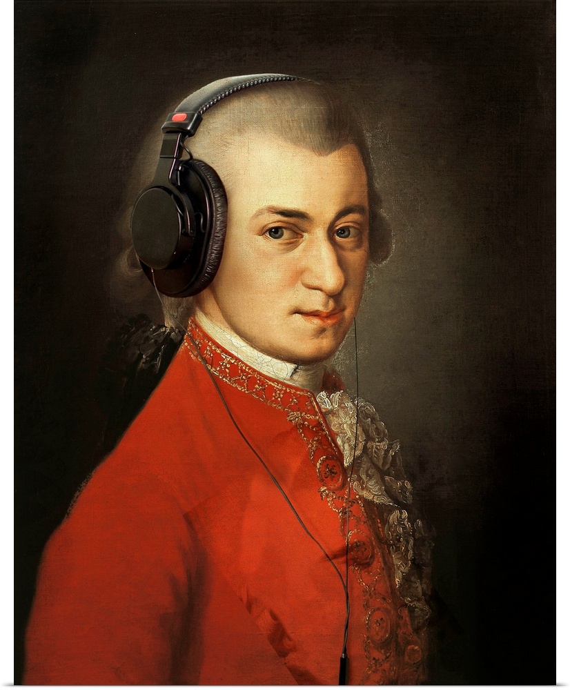 A modern portrait of Wolfgang Amadeus Mozart with headphones.