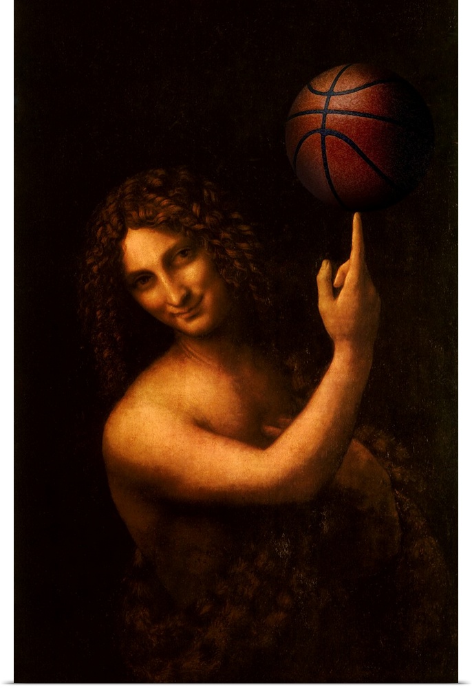 A modern version of St. John the Baptist by Leonardo da Vinci, with a basketball.
