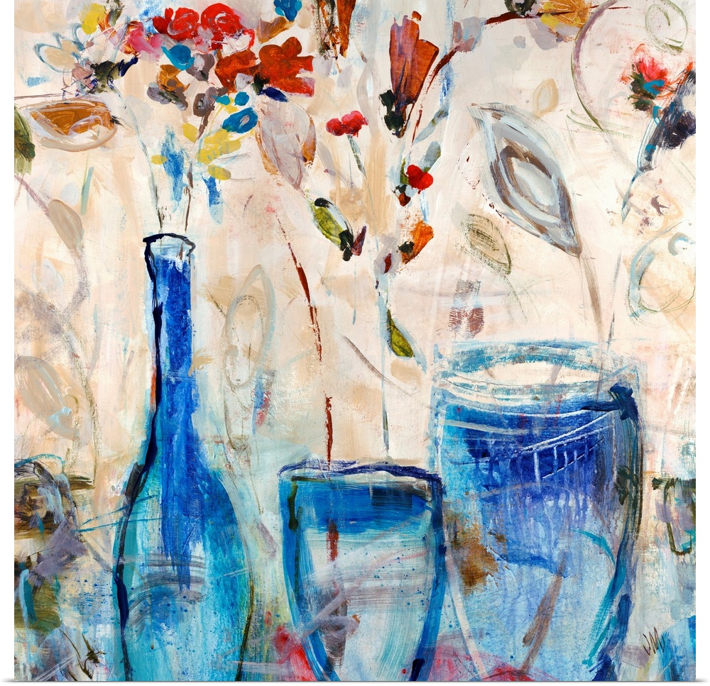 Contemporary painting of three glass vases holding a few flowers, done in a quick gesture style.