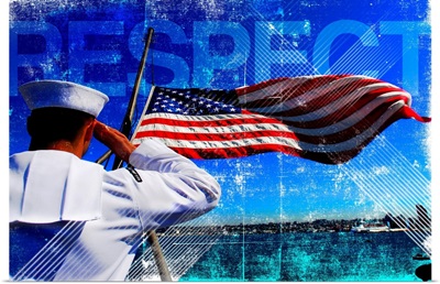 Motivational Grunge Poster: Respect. A sailor salutes the American flag
