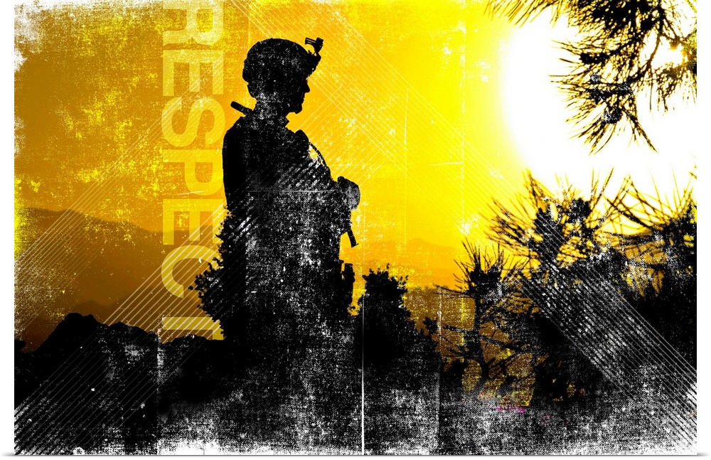 A silhouette of a soldier looking to the right with trees and mountains in the background and a grungy texture layered on ...