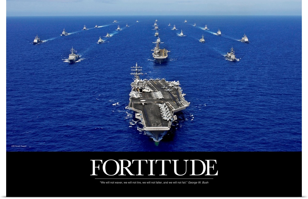 A big piece that is a picture of the navy fleet in the open ocean with the word "Fortitude" below it.