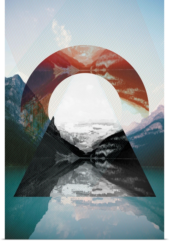 Contemporary collage style artwork of a stitched together images of mountains and wilderness scenes.