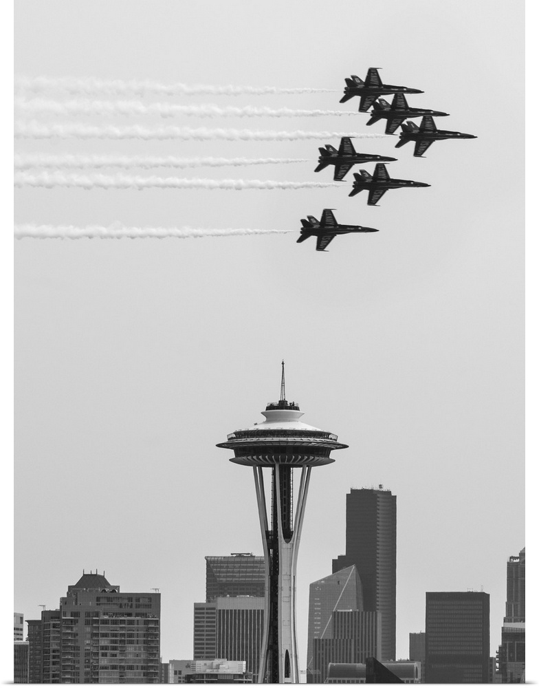 Black and white photograph of Navy jets flying over the Seattle Space Needle.