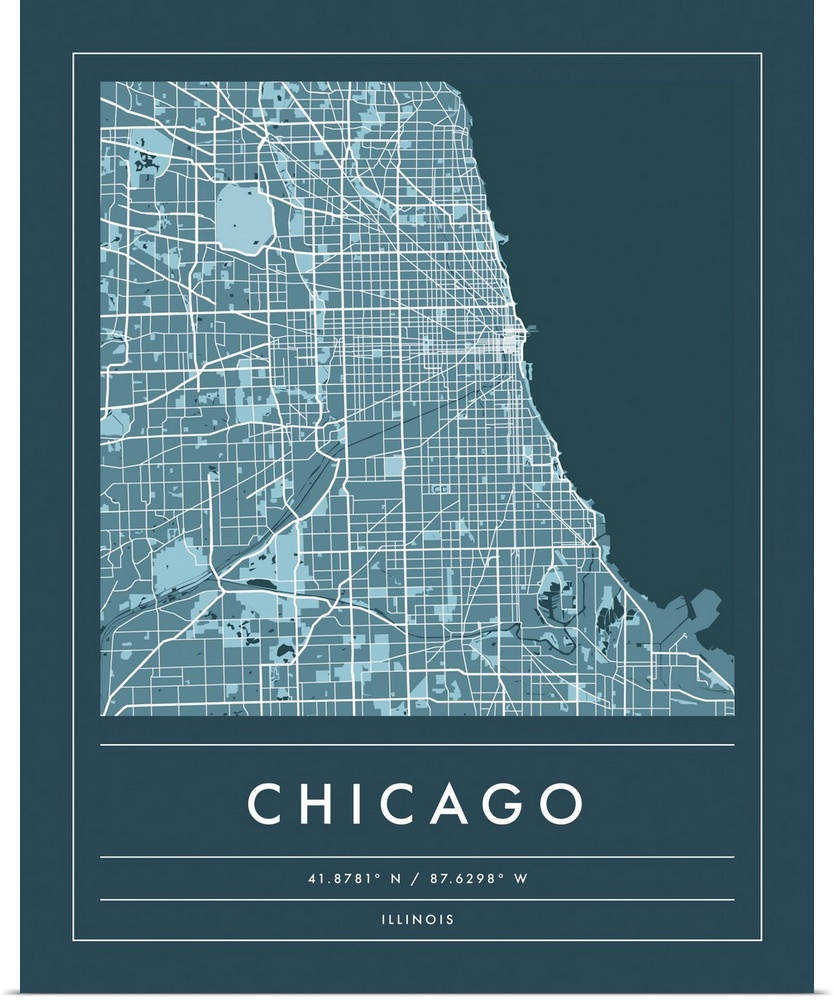 Navy minimal city map of Chicago, Illinois, USA with longitude and latitude coordinates.