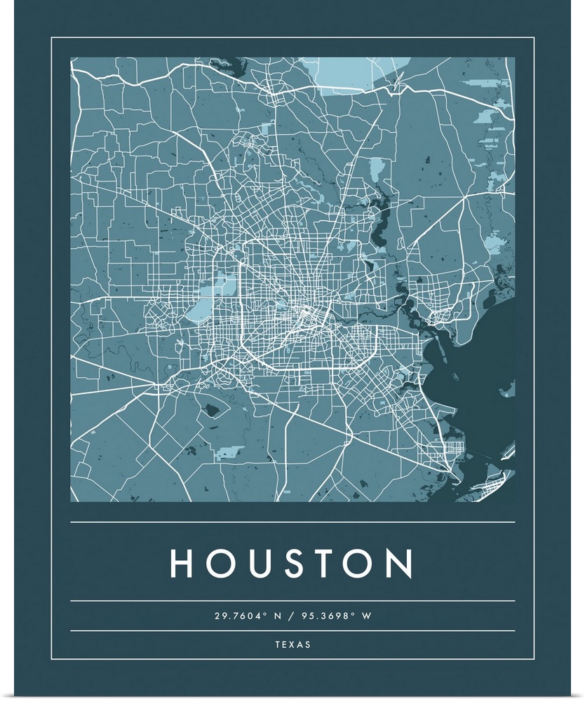 Navy minimal city map of Houston, Texas, USA with longitude and latitude coordinates.