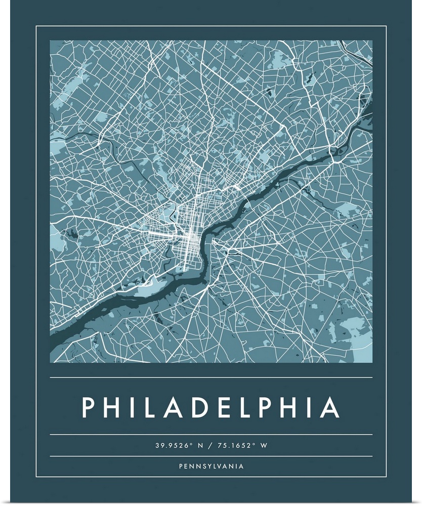 Navy minimal city map of Philadelphia, Pennsylvania, USA with longitude and latitude coordinates.