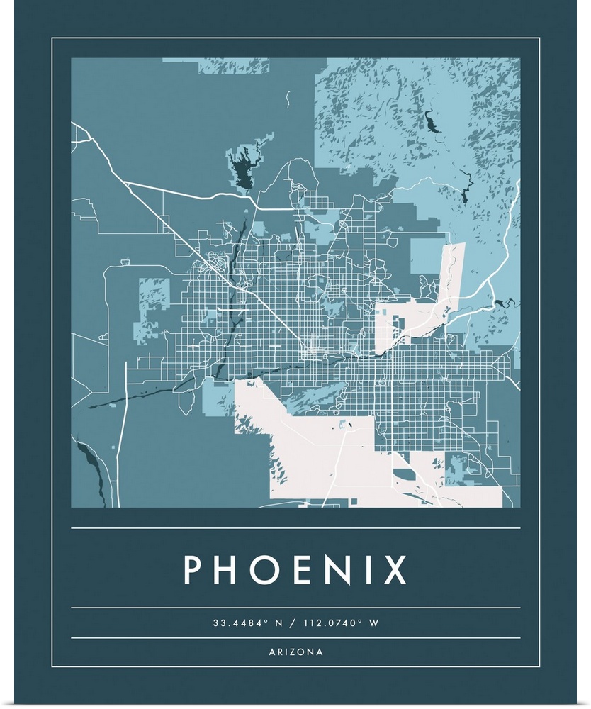 Navy minimal city map of Phoenix, Arizona, USA with longitude and latitude coordinates.