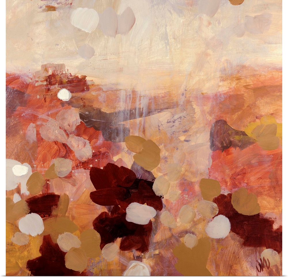 Giant abstract art utilizes a heavy emphasis of short brushes strokes and circles in earth tones for this piece.