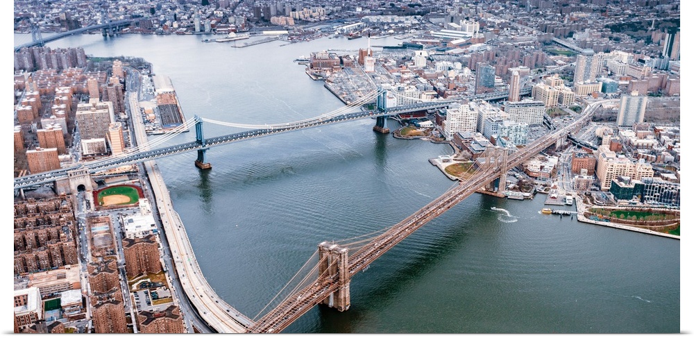 Aerial view of the Brooklyn and Manhattan Bridges in New York City.