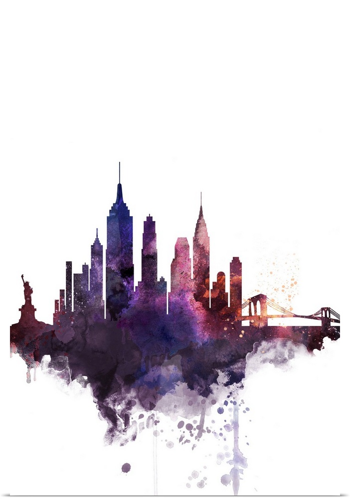 The New York City skyline in colorful watercolor splashes.