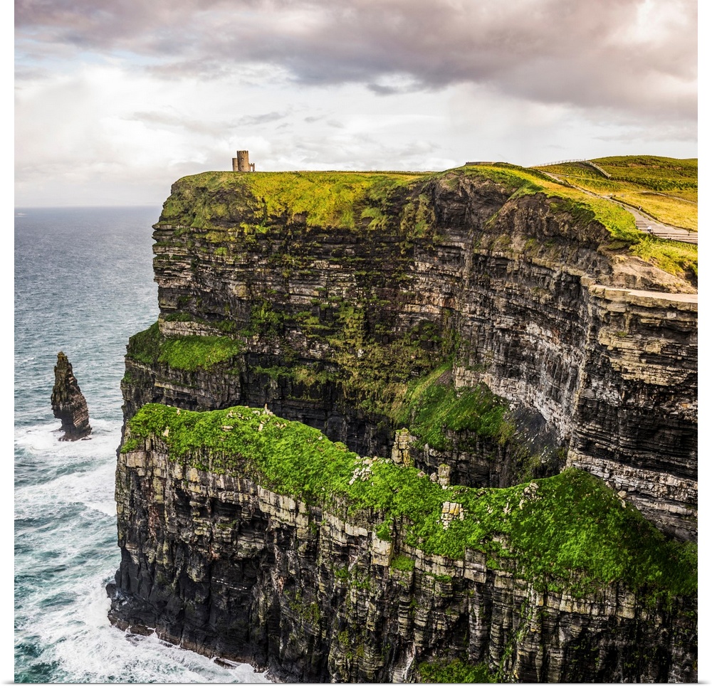 Square photograph of O'Brien's Tower, marking the highest point of the Cliffs of Moher in Ireland.