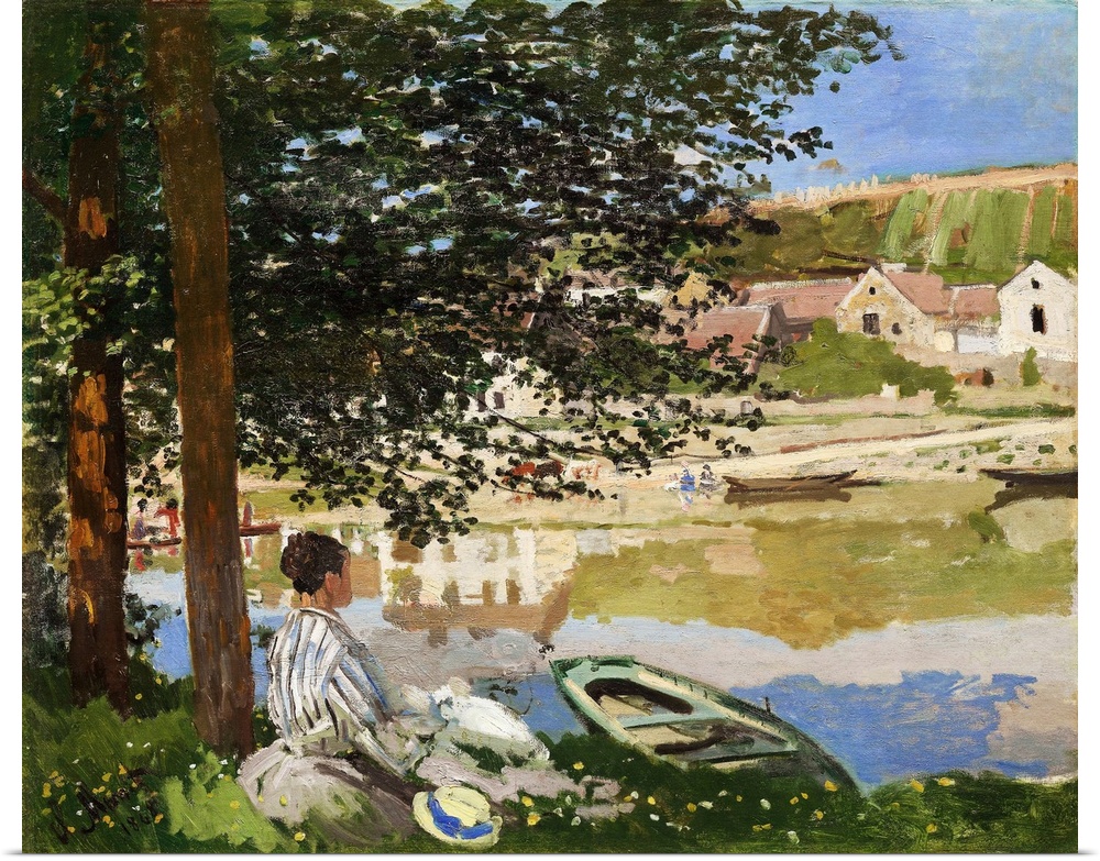Here Claude Monet's future wife, Camille Doncieux, sits on an island in the Seine River, looking toward the hamlet of Glot...