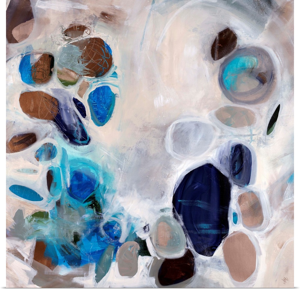 Contemporary abstract painting of stone-like shapes in blues and browns over a neutral background.