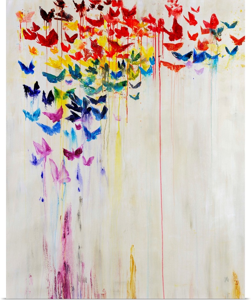 A rainbow of dripping painted butterflies against a white background.