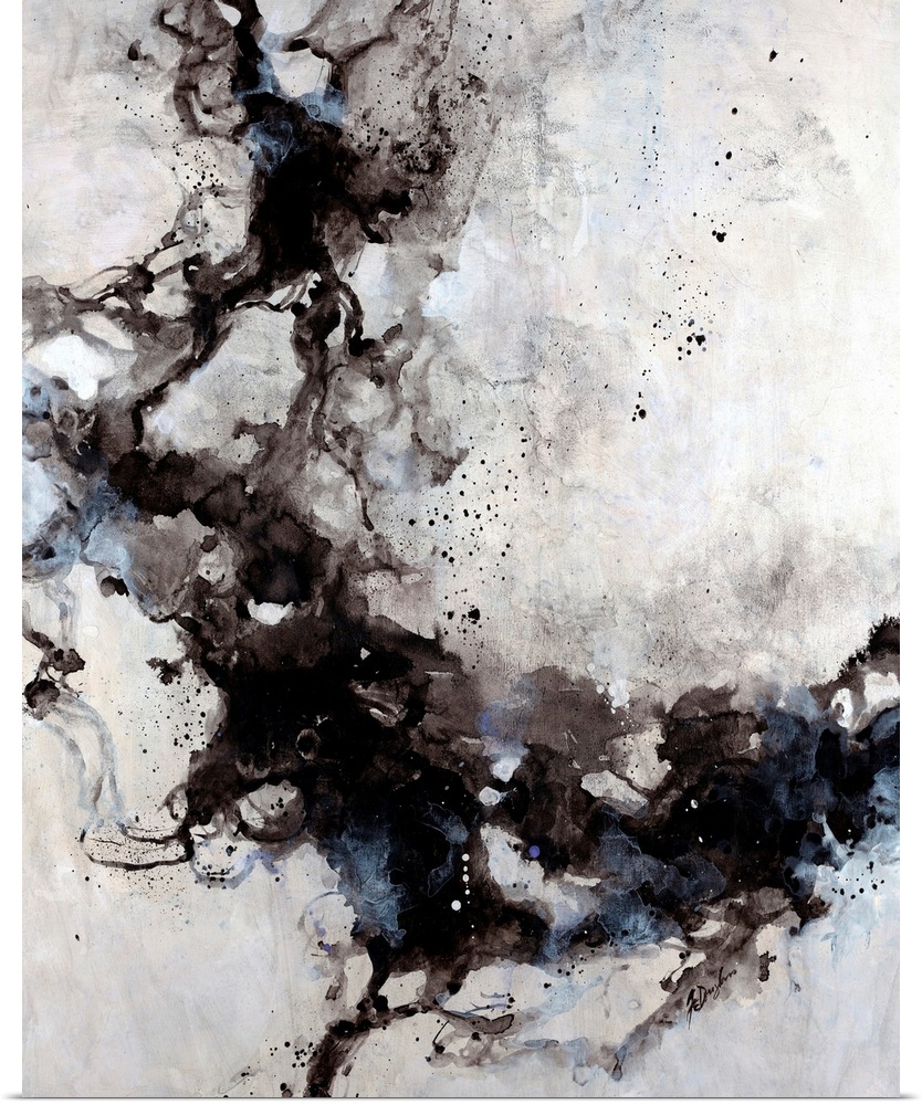 Abstract painting of blended ink splats and splatter with a soft pastel background.