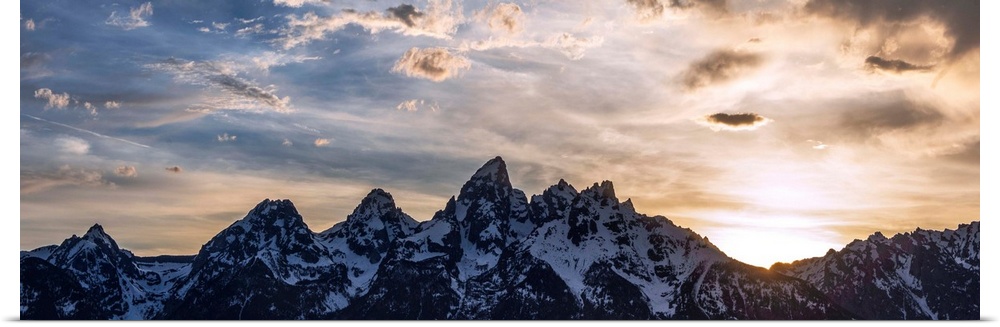 Panoramic view of Teton mountains in the morning in Wyoming.